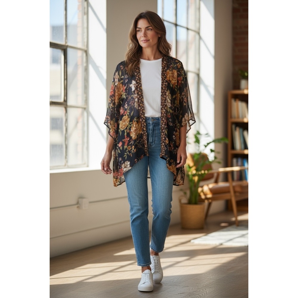 BOG Collective Kimono Women Black Orange Floral Sheer Cover‎ Up Festival XS/S